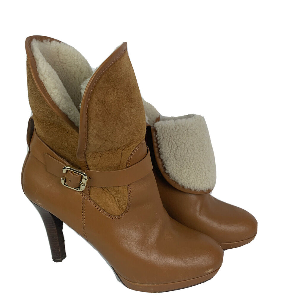 Size 8M Brooks Brothers‎ Womens 4" Heeled Foldover Booties Light Brown Leather
